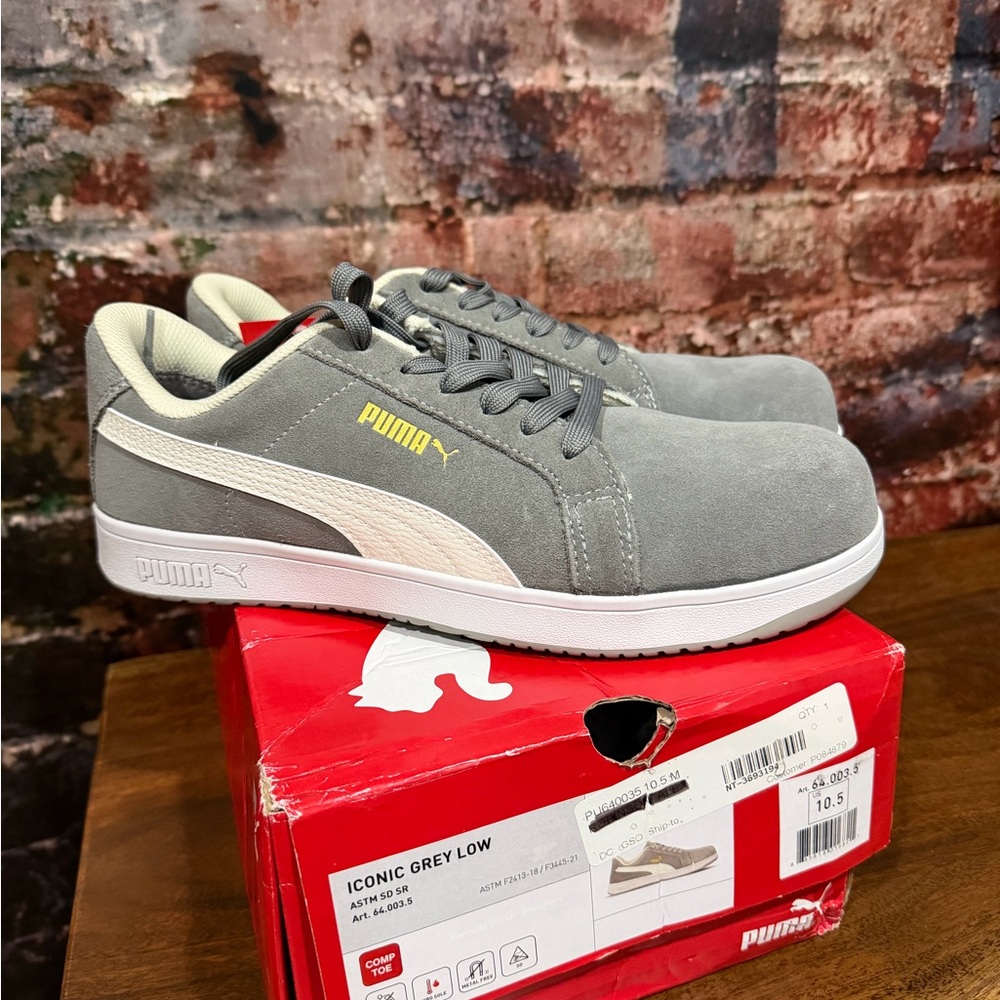 Puma Grey Suede Low-Top Sneakers with White Formstripe safety composite toe